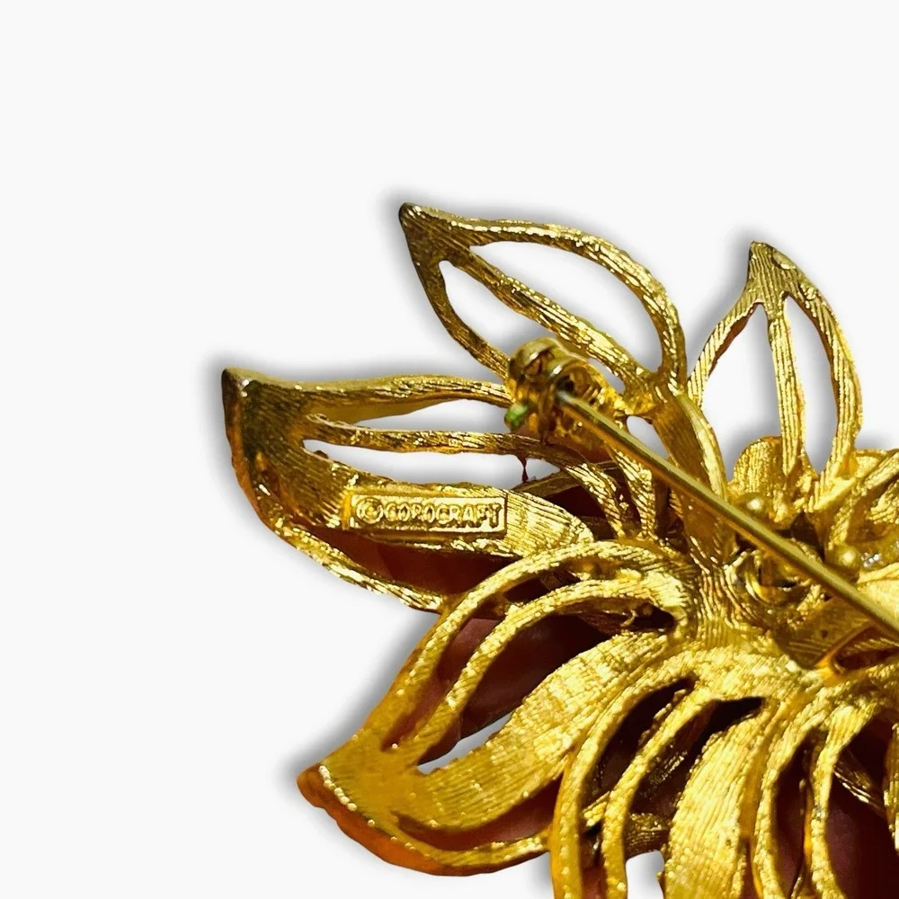 Vintage Corocraft Brooch Gold Tone Floral Signed 1950's Poinsettia Pearl